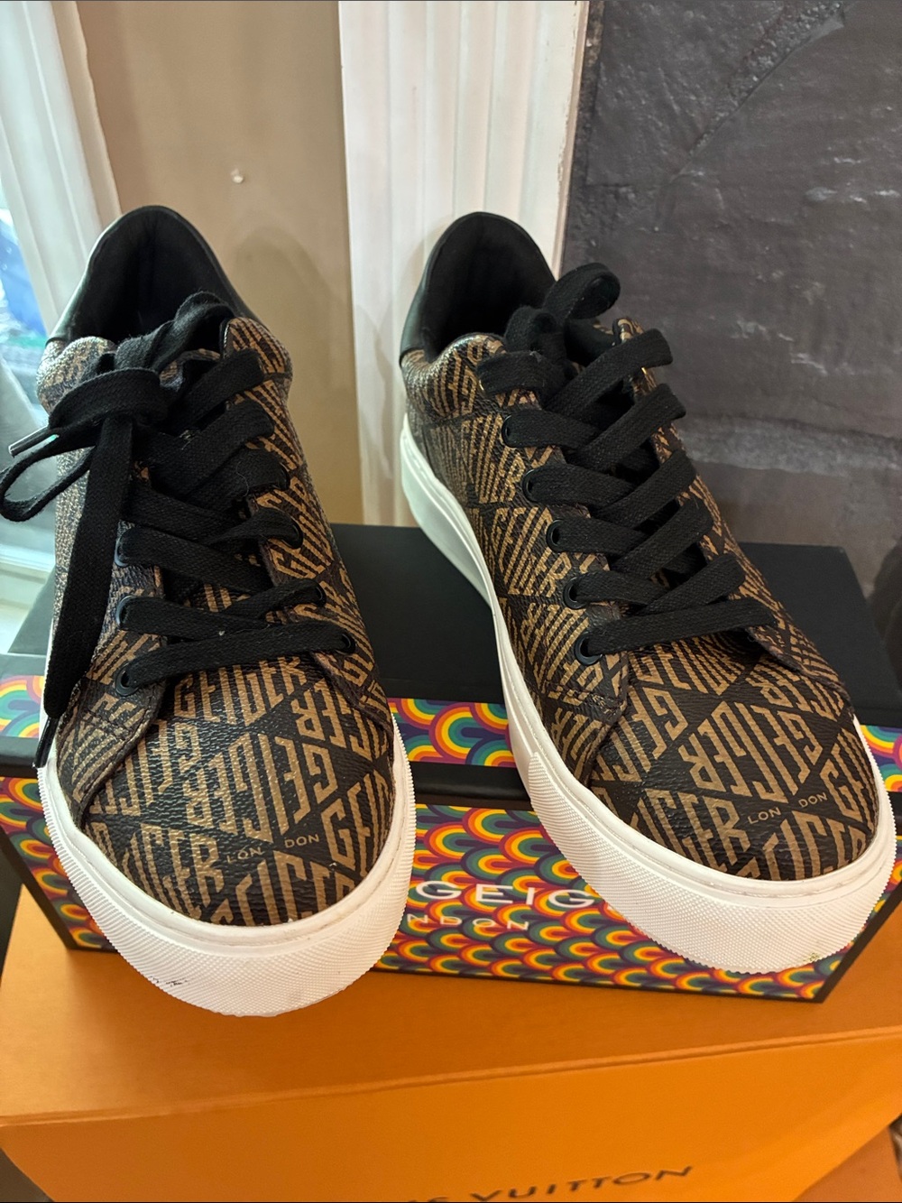 Kurt Geiger Brown and Black Logo-Print Low Top Sneakers